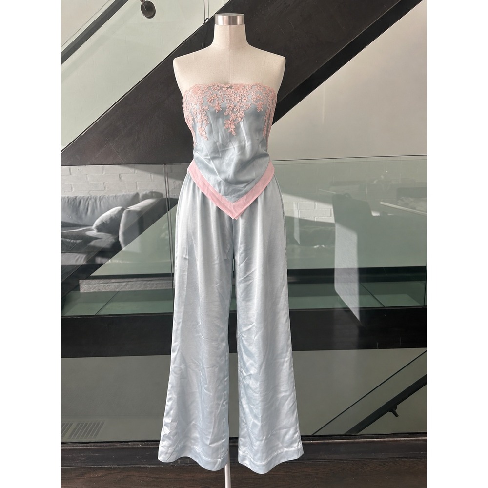Oia Studios Satin Two Piece Set Lace Trim Cami and Wide Leg Pants Blue Pink S